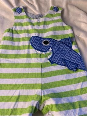Mud Pie Lime & White Striped Shark Romper with Blue Applique